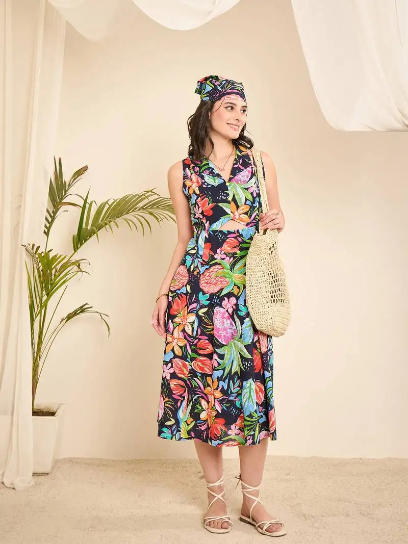 Navy blue cotton printed front triangle cut -out a-line dress