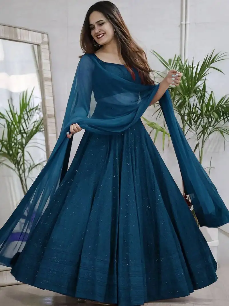 Teal blue sequins & thread embroidered georgette fabric indian wedding lehenga dress