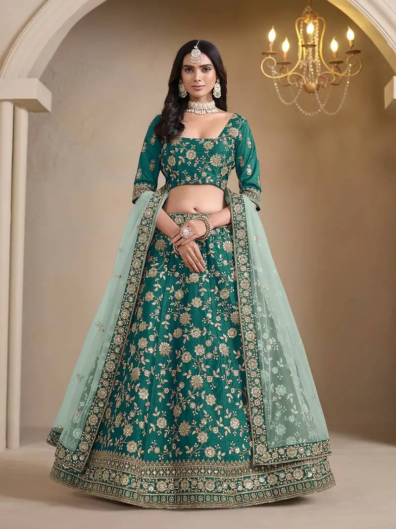 Green embroidered zari sequins art silk lehenga