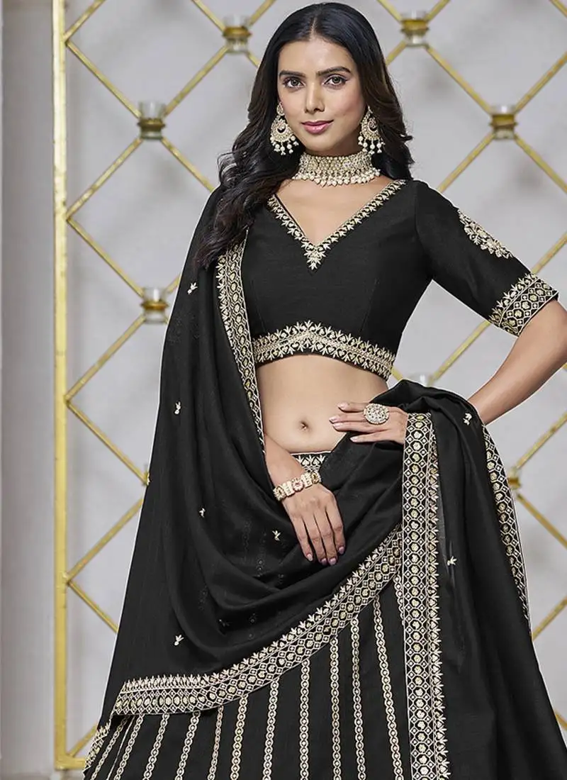Black embroidered zari sequins art silk lehenga