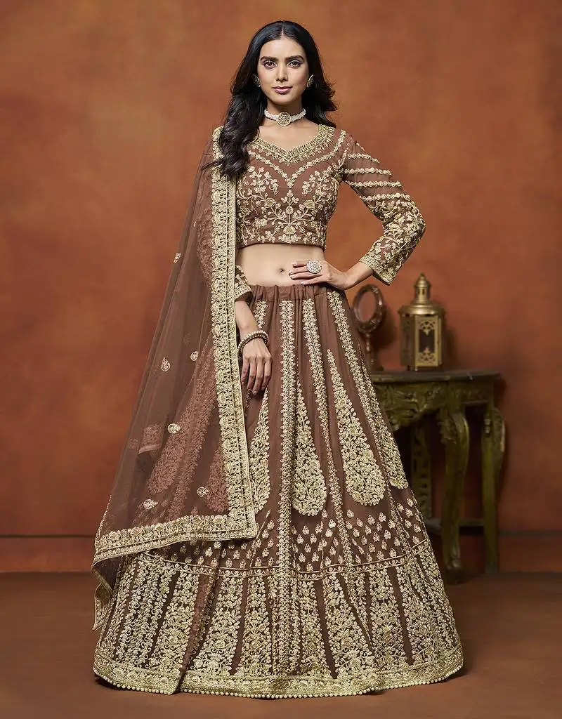 Brown embroidered zari sequins coading net lehenga
