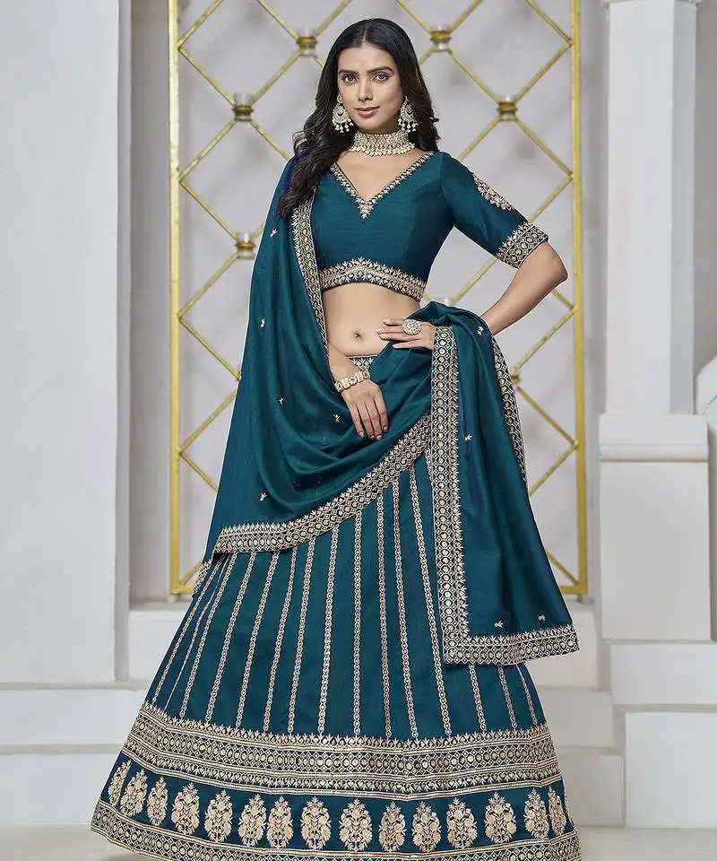 Teal blue embroidered zari sequins art silk lehenga