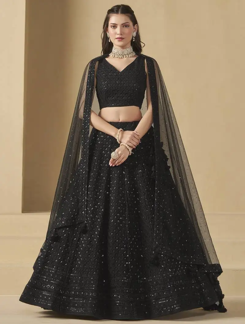 Fabulous black sequins and thread embroidered georgette reception wear indian wedding designer lehenga dress