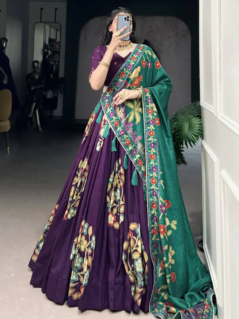 Purple foil printed tussar silk lehenga choli