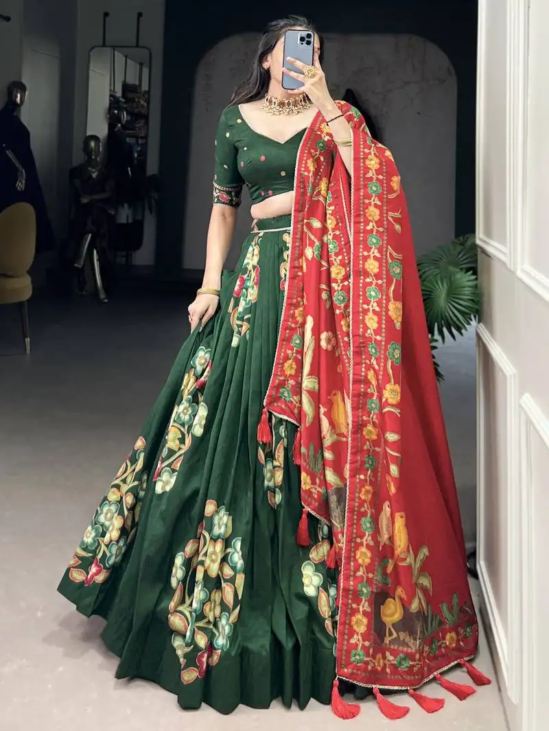 Green foil work tussar silk lehenga choli