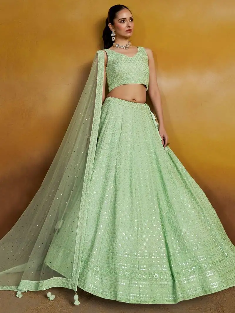 Mint green thread embroidered georgette designer lehenga choli