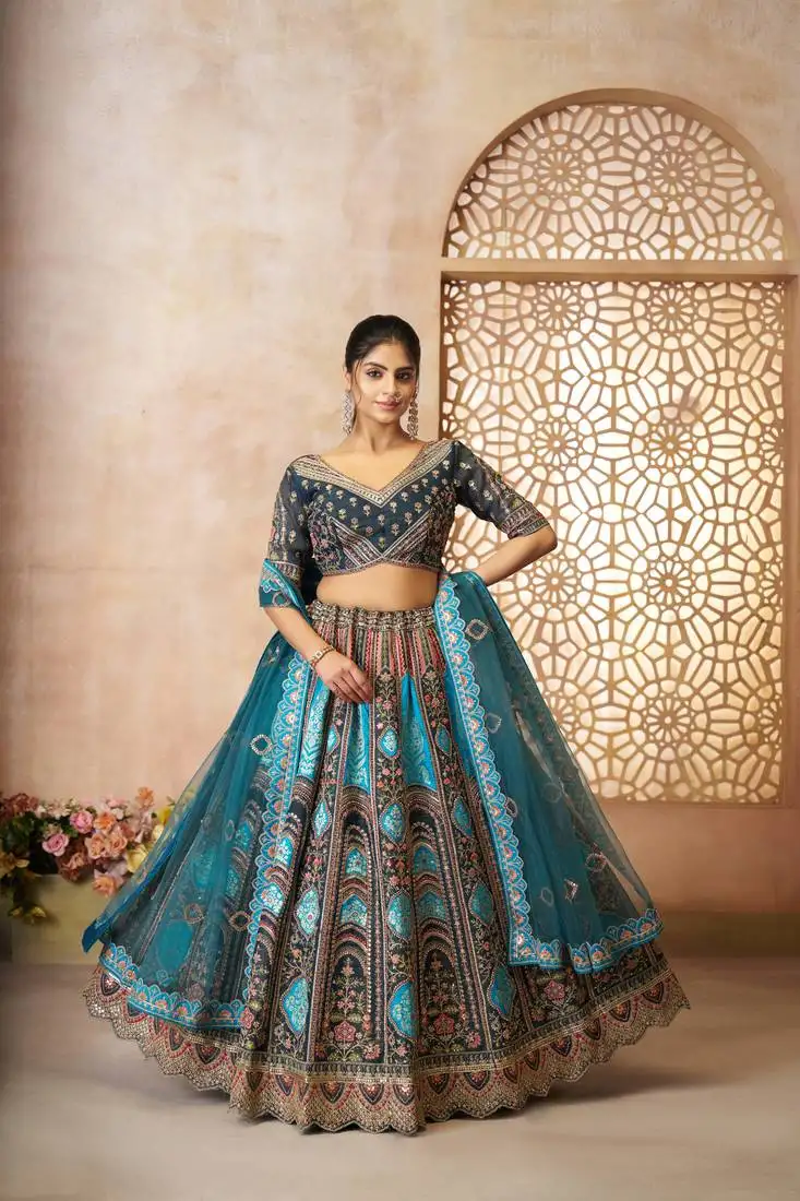 Blue aari embroidered banarasi silk lehenga with unstiched blouse