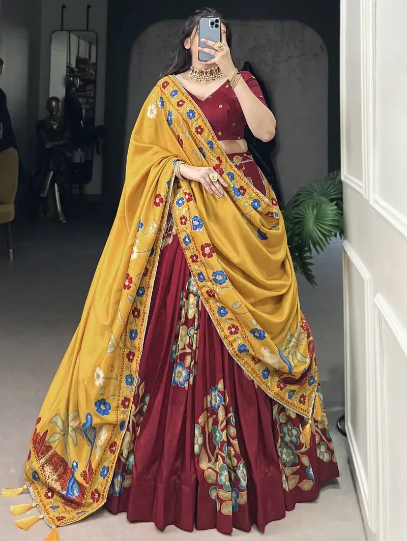 Maroon floral printed tussar silk lehenga choli with dupatta
