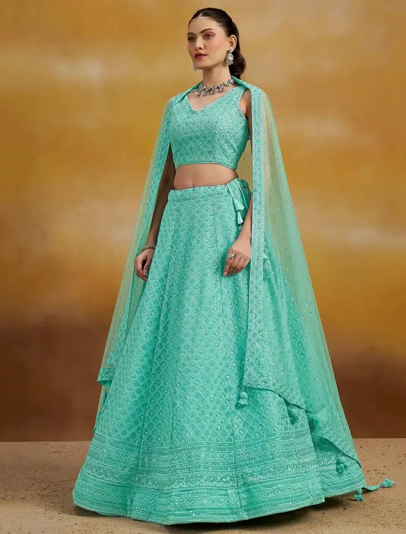 Sky blue thread work georgettelehenga choli