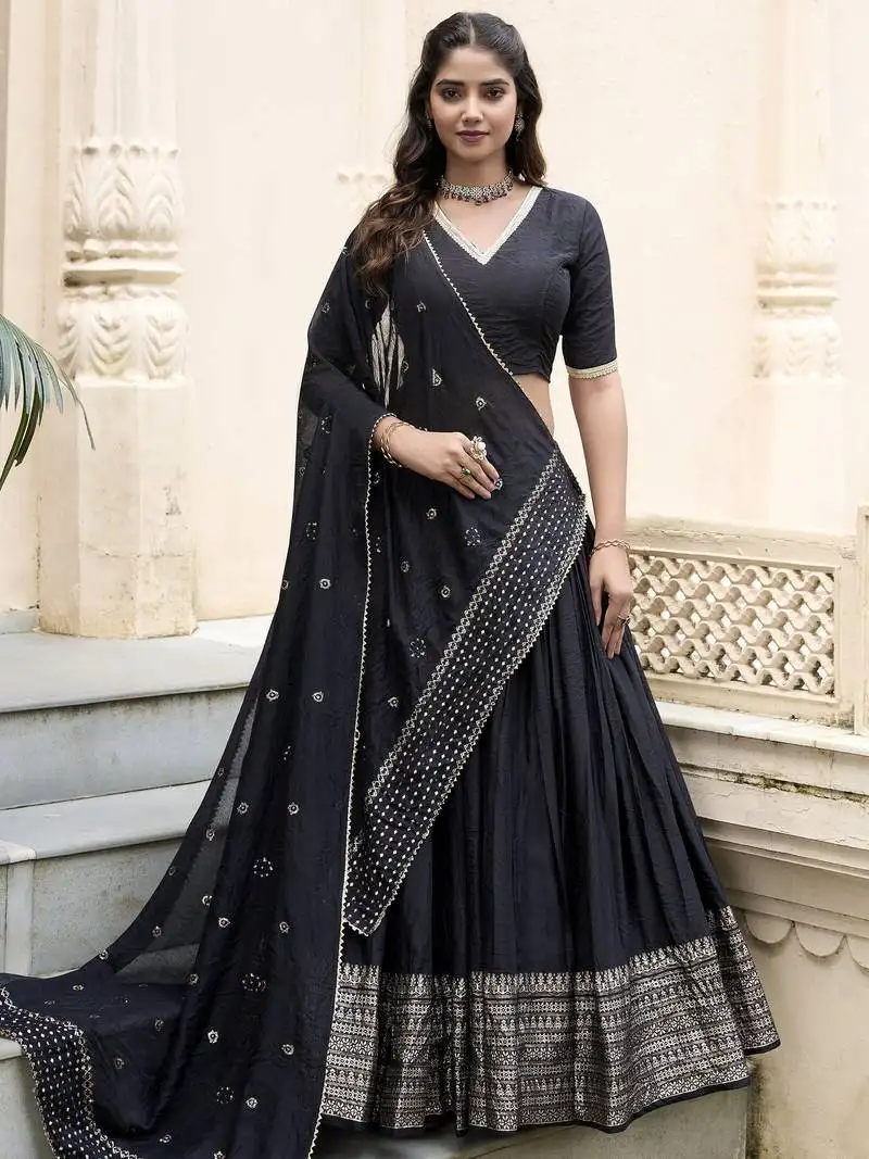 Black zari weaving chanderi silk lehenga choli with dupatta