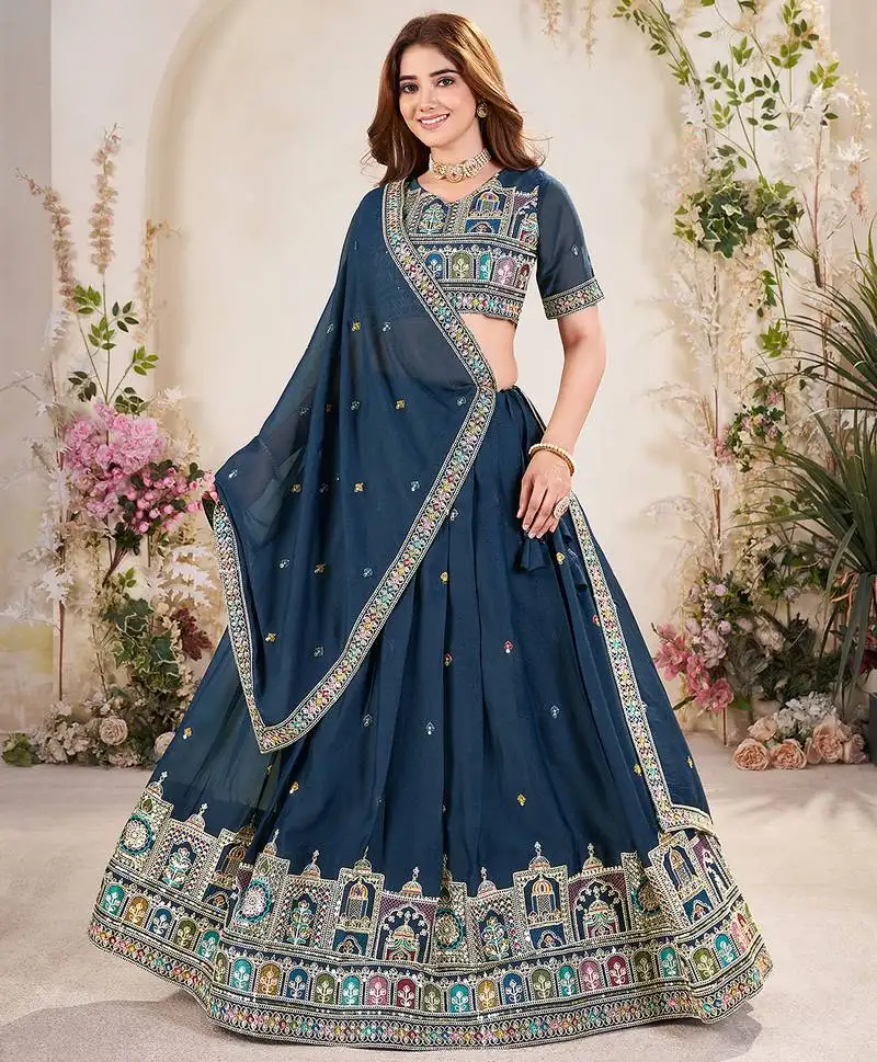 Blue silk embroidered lehenga choli
