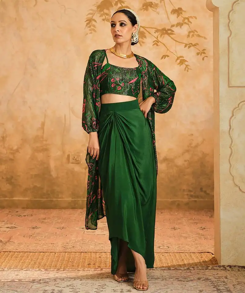 Green georgette printed cape set