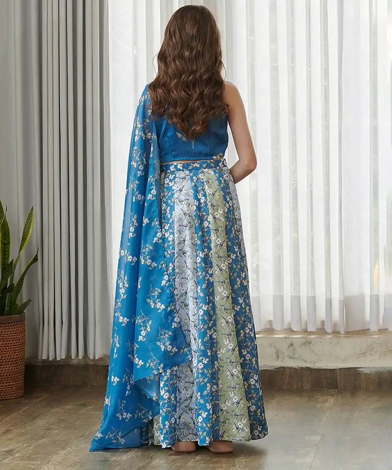 Blue printed satin lehenga