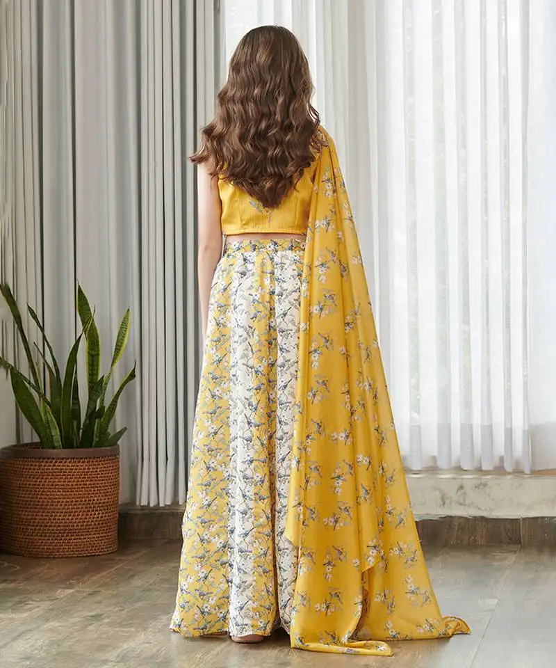 Yellow printed satin lehenga