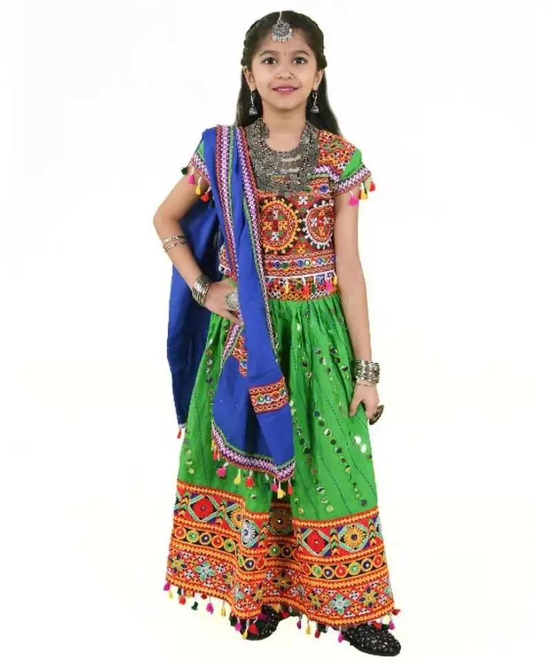 Kutchwork embroidered green girls festivewear lehenga choli set with dupatta (tcc-rsgl) - green