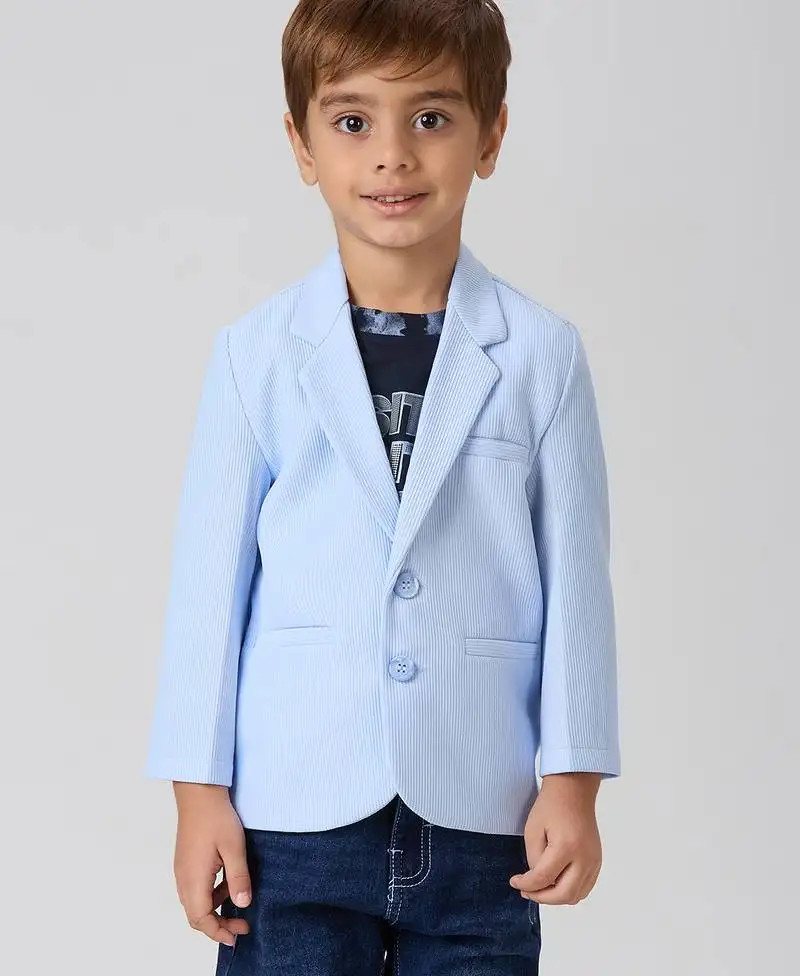 Full sleeves blazer set with graphic printed t-shirt - sky blue