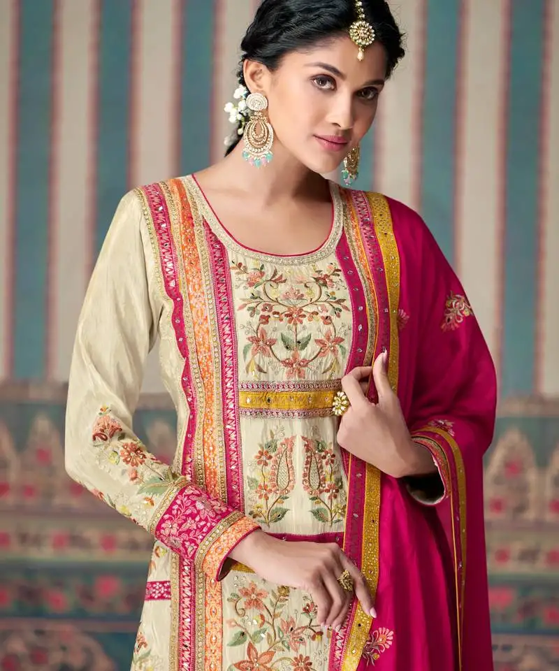 Beige embroidered chinon palazzo style salwar suit semi stitched