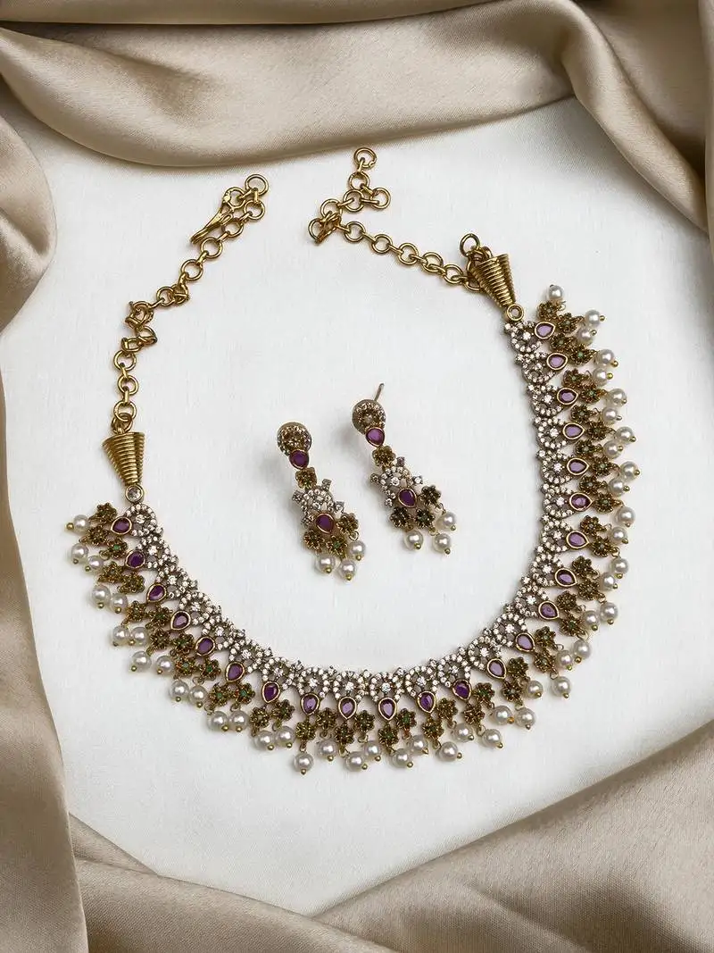 matte finish multicolor ad necklace with pearl hangings