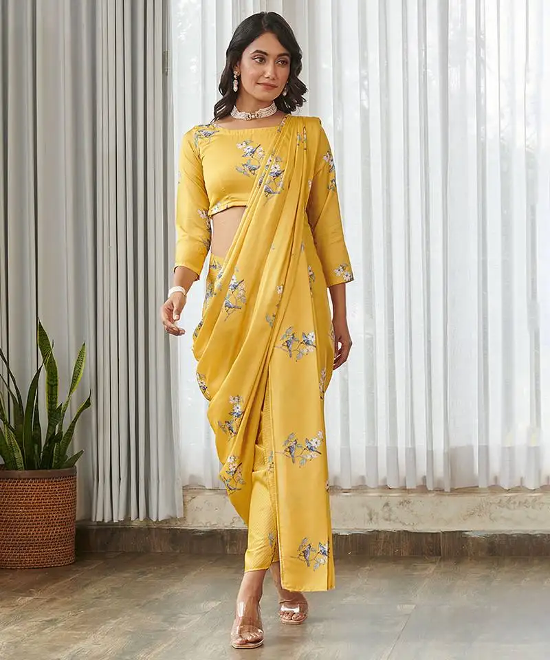 Yellow floral printed semi saree with dhoti pants