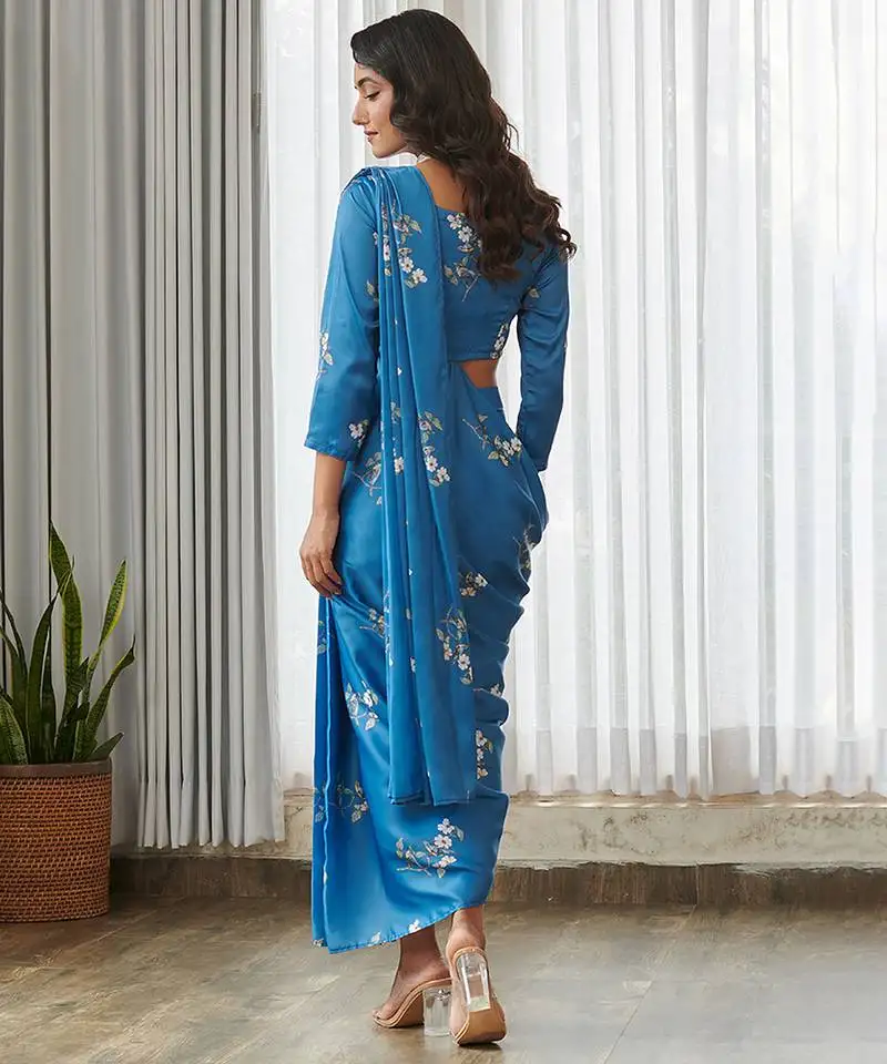 Blue floral printed semi saree with dhoti pants