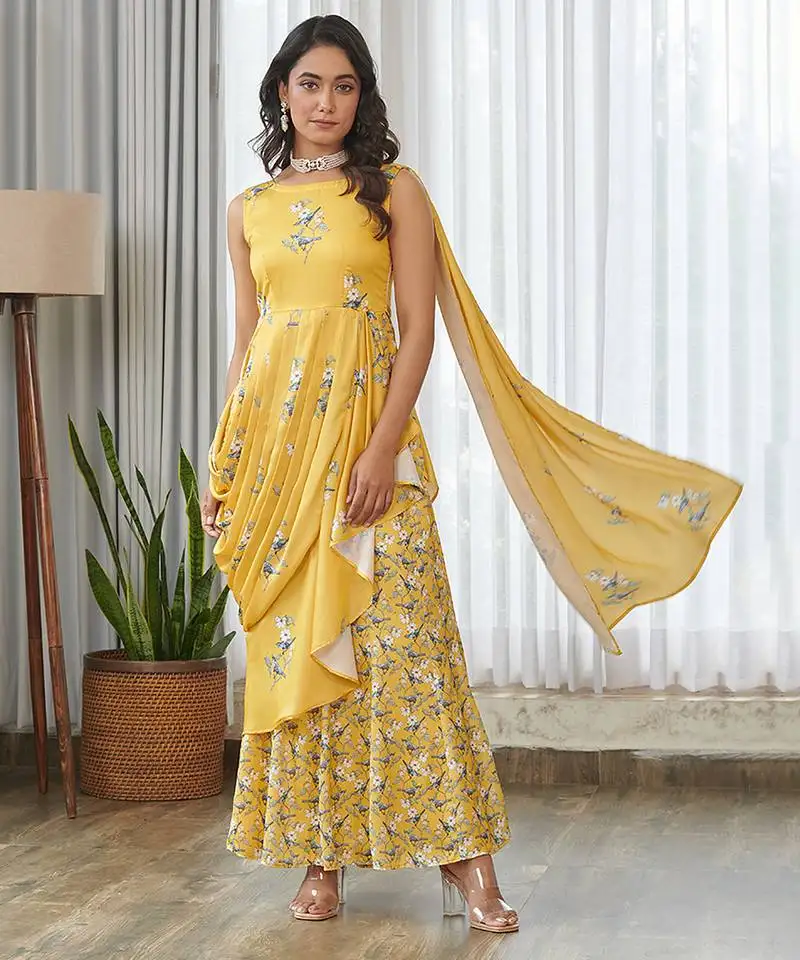 Yellow floral printed ruffle semi saree dress