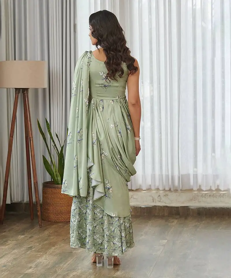 Mint green floral printed ruffle semi saree dress