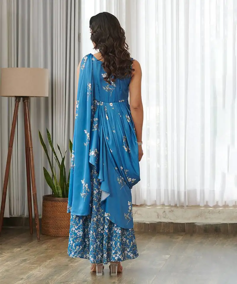 Blue floral printed ruffle semi saree dress