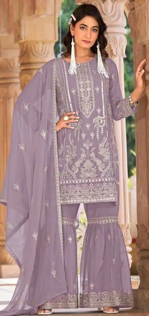 Purple embroidered organza semi-stitched palazzo style salwar suit semi stitched