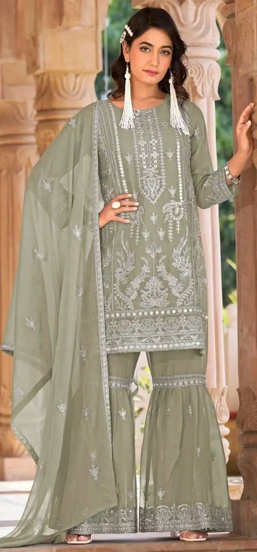 Green embroidered organza semi-stitched palazzo style salwar suit semi stitched