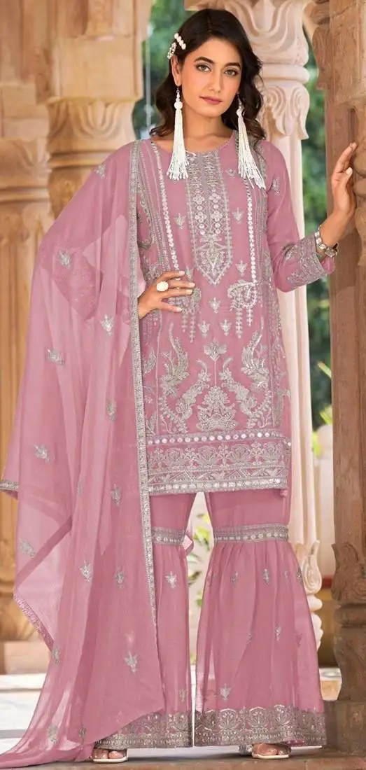 Pink embroidered organza semi-stitched palazzo style salwar suit semi stitched