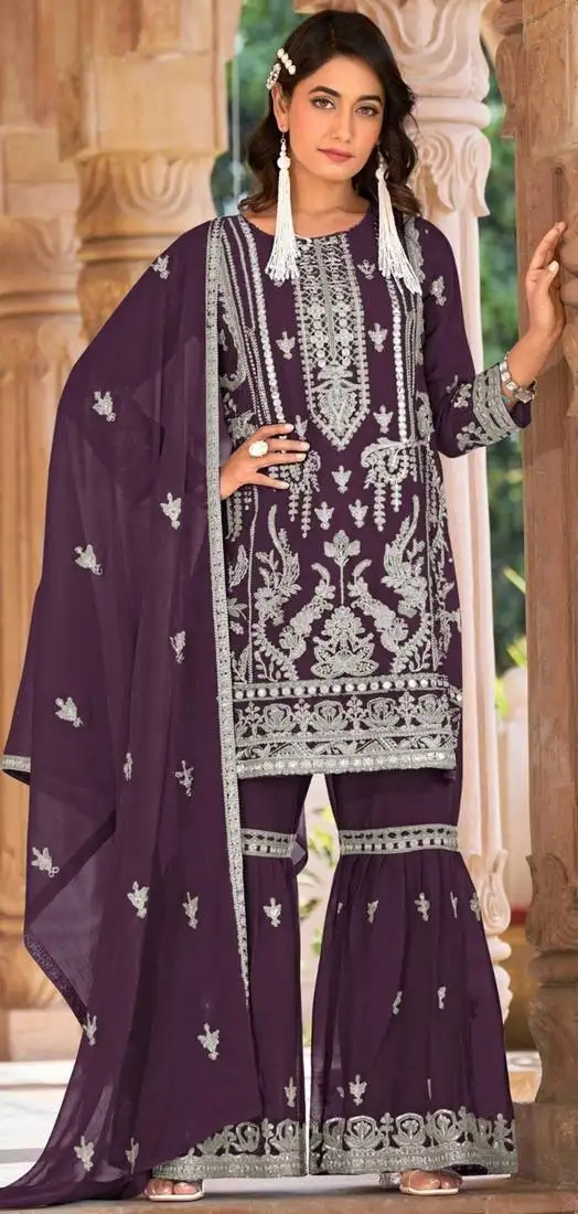 Wine embroidered organza semi-stitched palazzo style salwar suit semi stitched