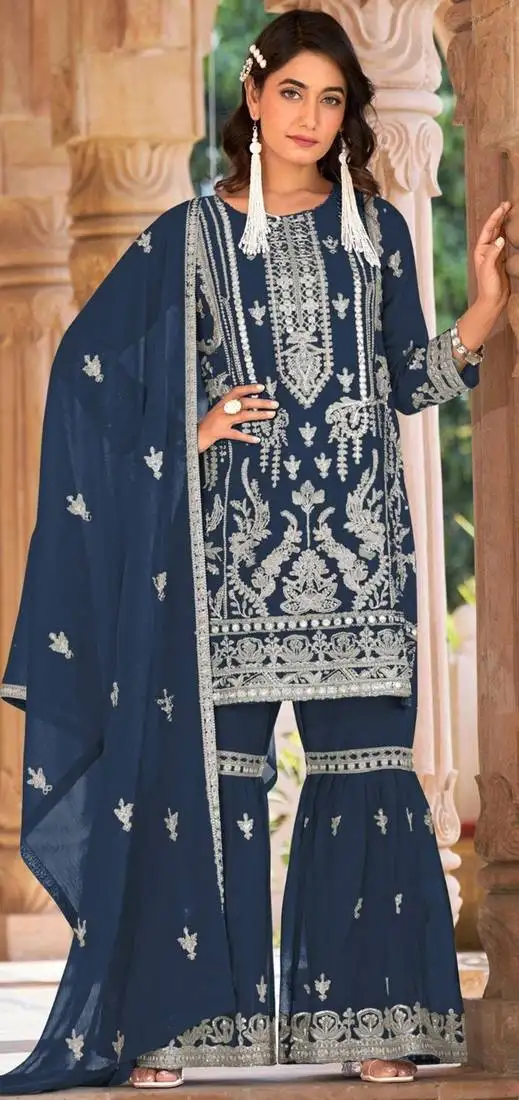 Blue embroidered organza semi-stitched palazzo style salwar suit semi stitched