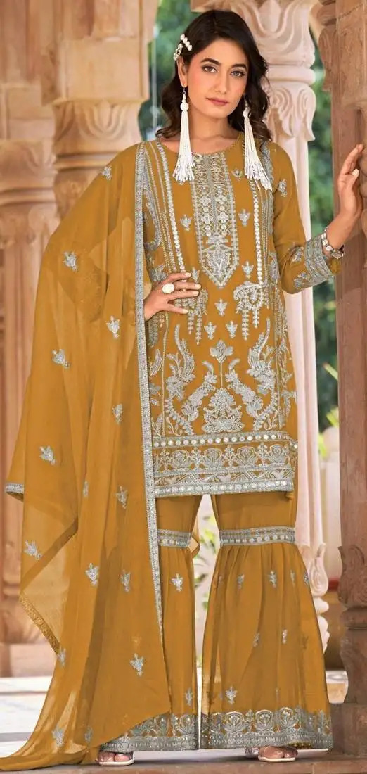 Yellow embroidered organza semi-stitched palazzo style salwar suit semi stitched