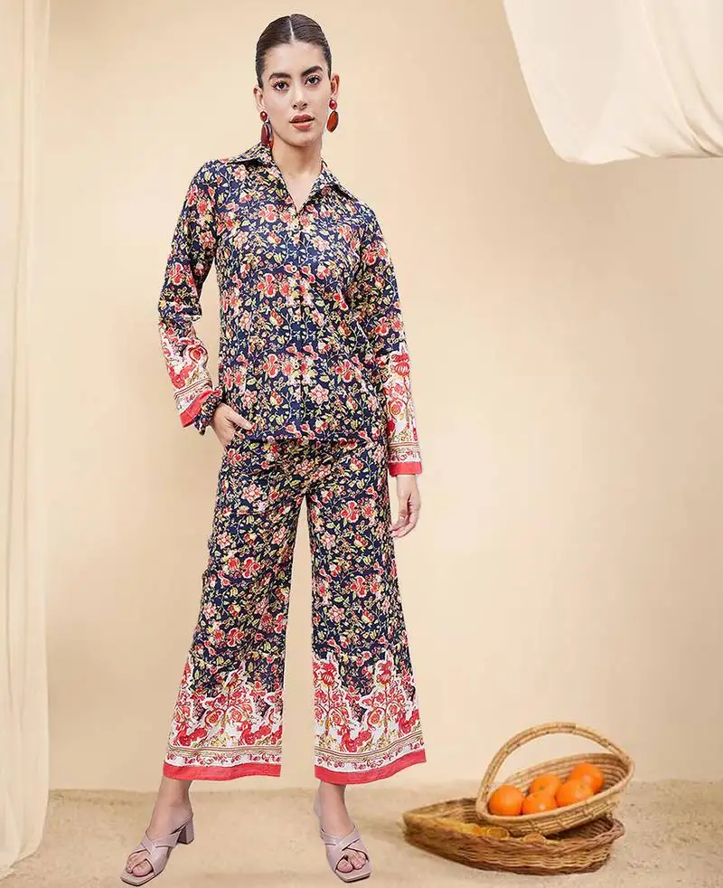 Women navy blue border print co-ord set