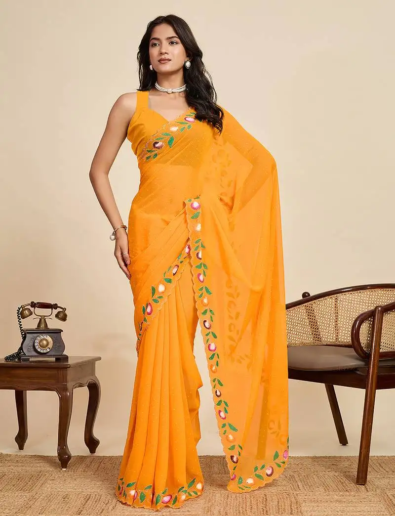 Yellow georgette printed saree with fskcy pallu skd stywhsh blouse – party & casual wear