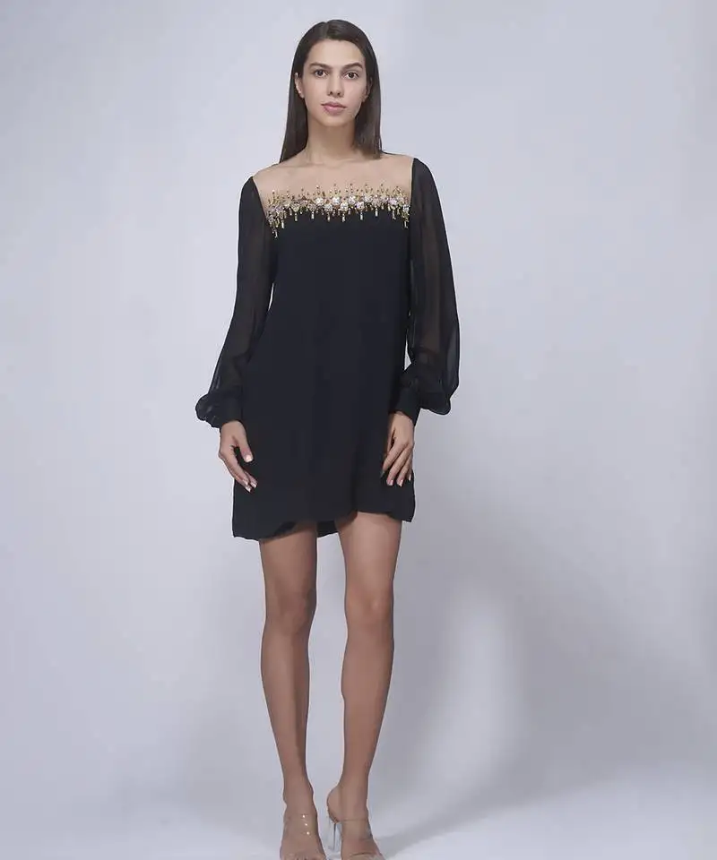Black plain georgette short dress
