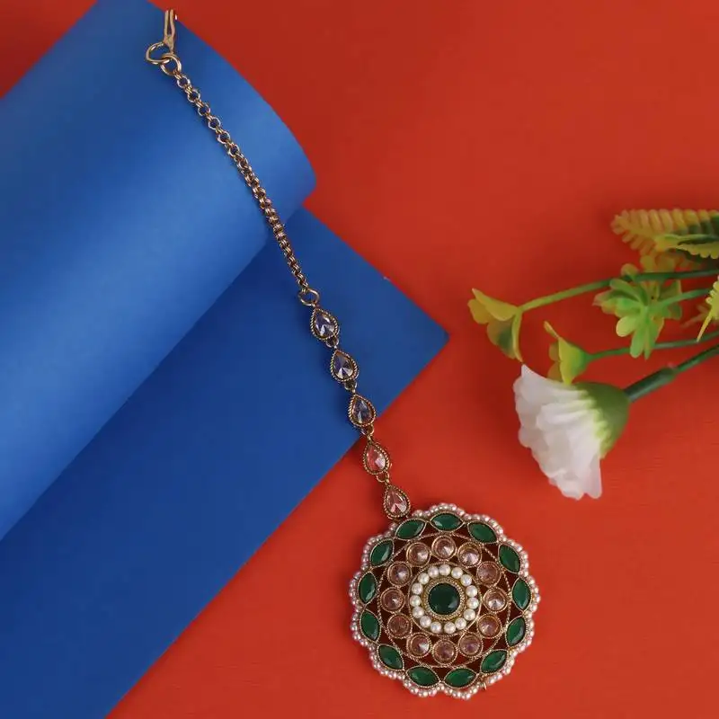 Trendy round and oval shape gold plated maang tikka for women and girls