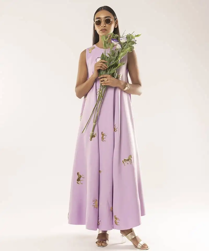 Purple embroidered crepe dress