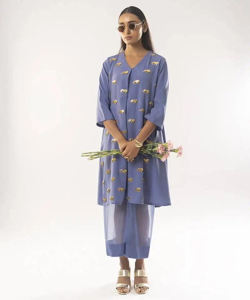 Blue embroidered crepe kurta set