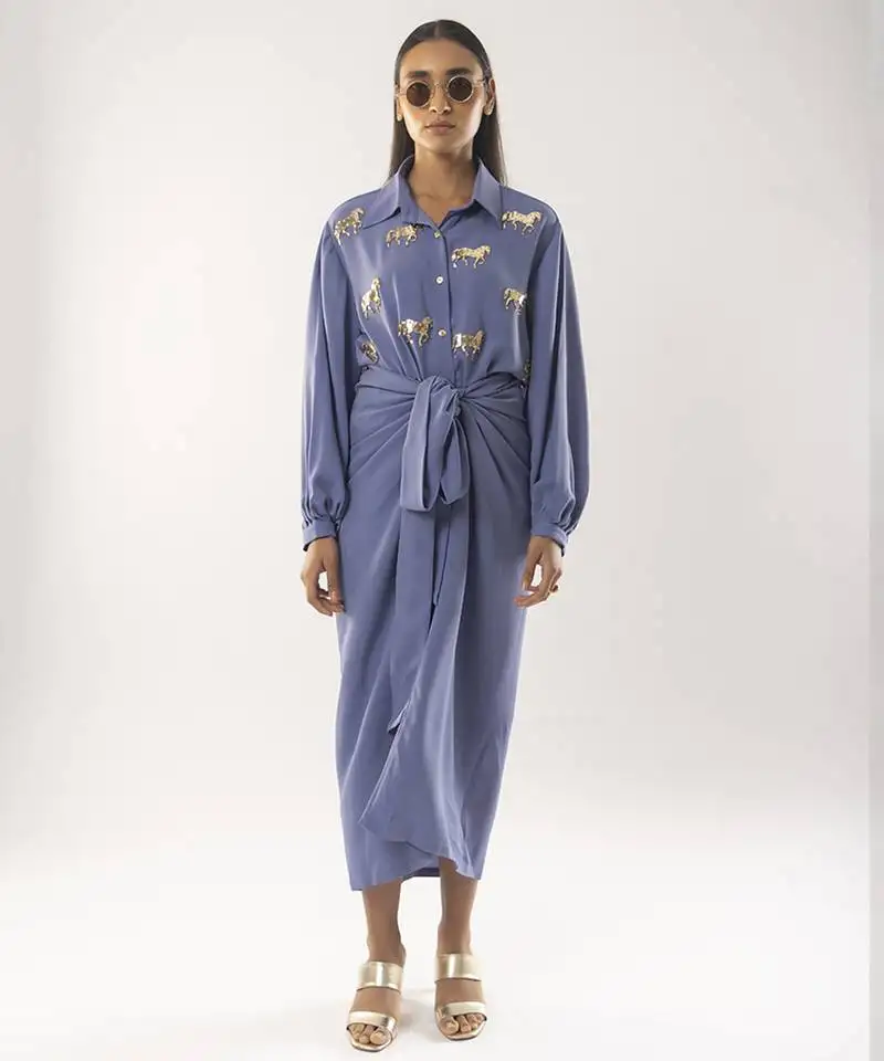 Blue embroidered crepe co ord set