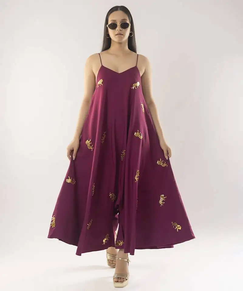 Maroon embroidered crepe dress