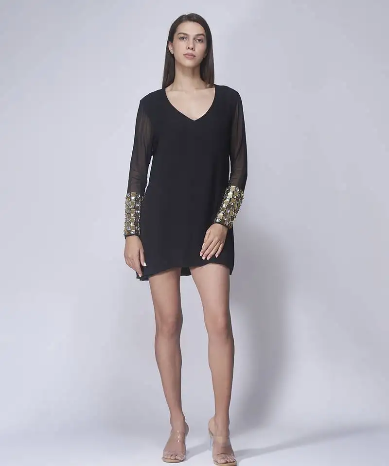 Plain black georgette short dress