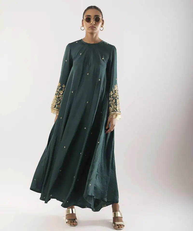 Green embroidered satin kurta set