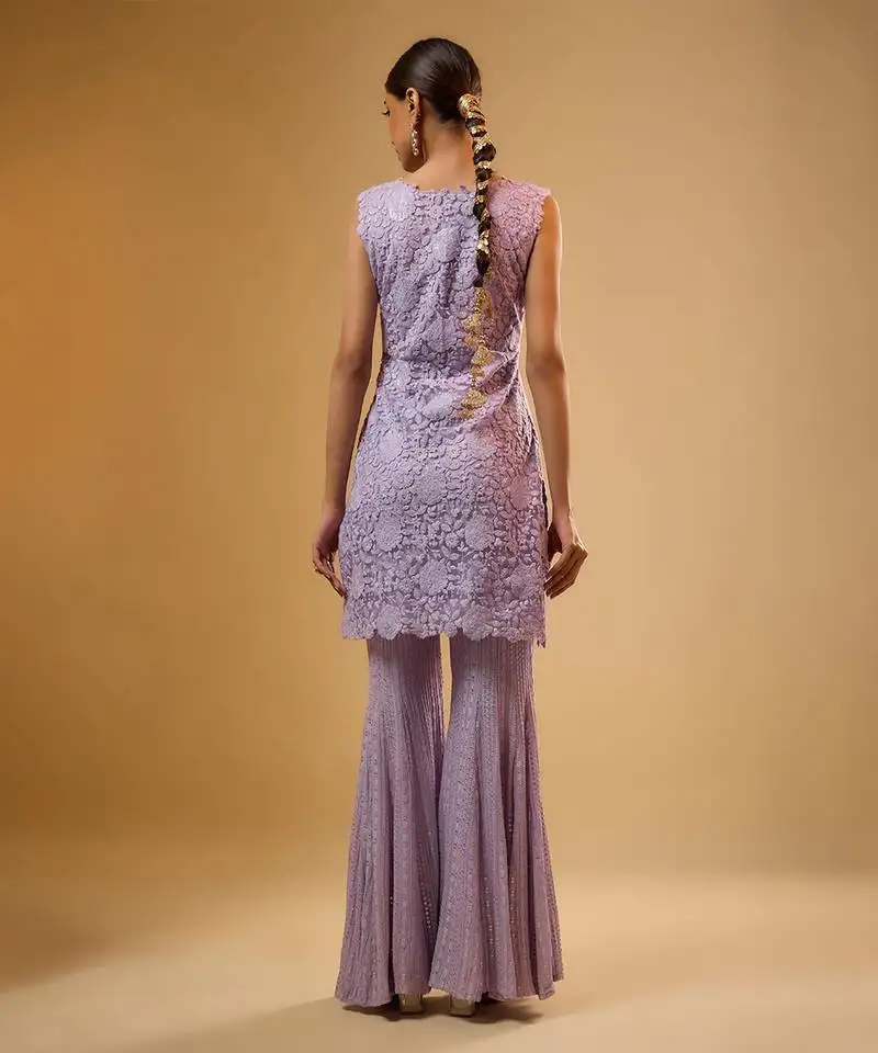 Purple floral embroidered net sharara