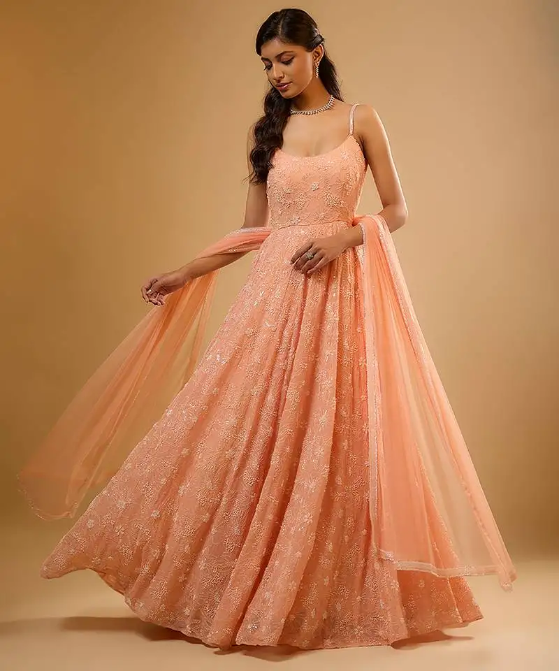 Peach floral embroidered georgette anarkali