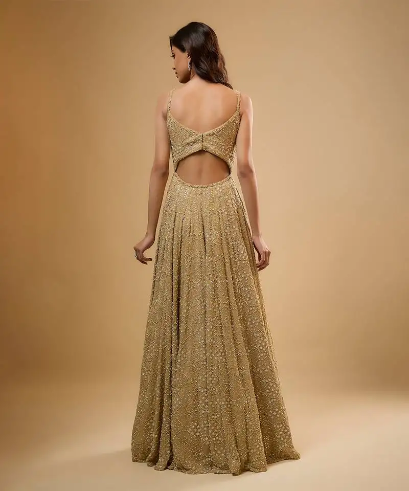 Gold sequin embroidered georgette anarkali