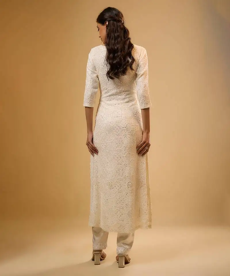 Ivory sequin embroidered georgette kurta set