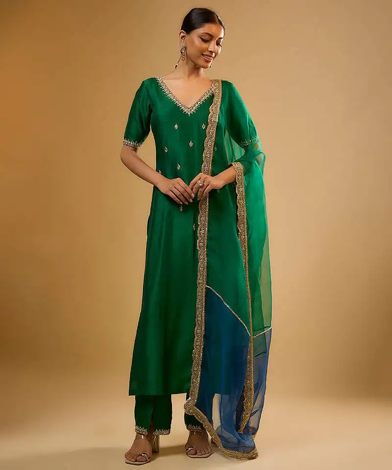Green embroidered dupion silk kurta set