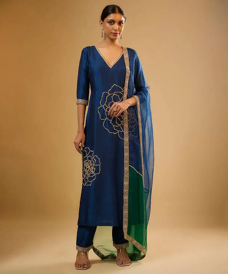 Blue floral embroidered dupion silk kurta set