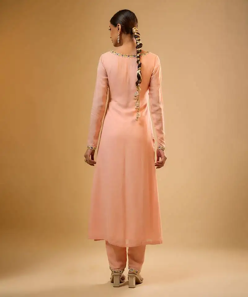 Peach embroidered georgette kurta set